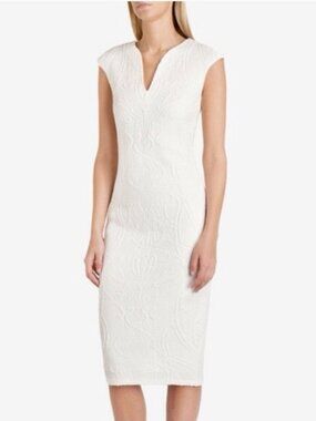 Ted Baker White Cream Jacquard Textured Midi Dress Size 4 (US 10) V-Neck